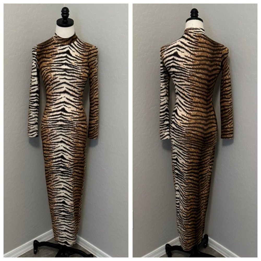 LINA LUXE SZ S ANIMAL PRINT MAXI LONG SLEEVE FORM FIT PULLOVER BODY-CON DRESS